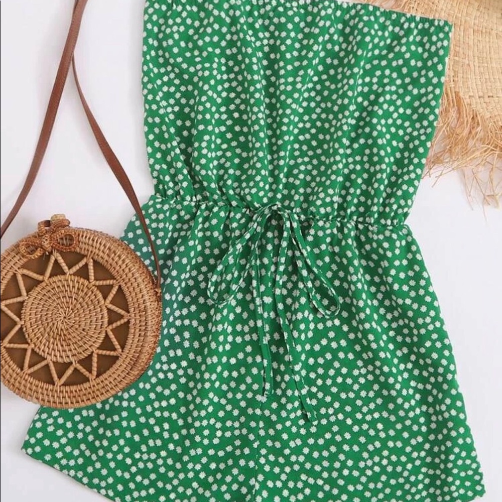 Tie waist ditsy floral tube romper